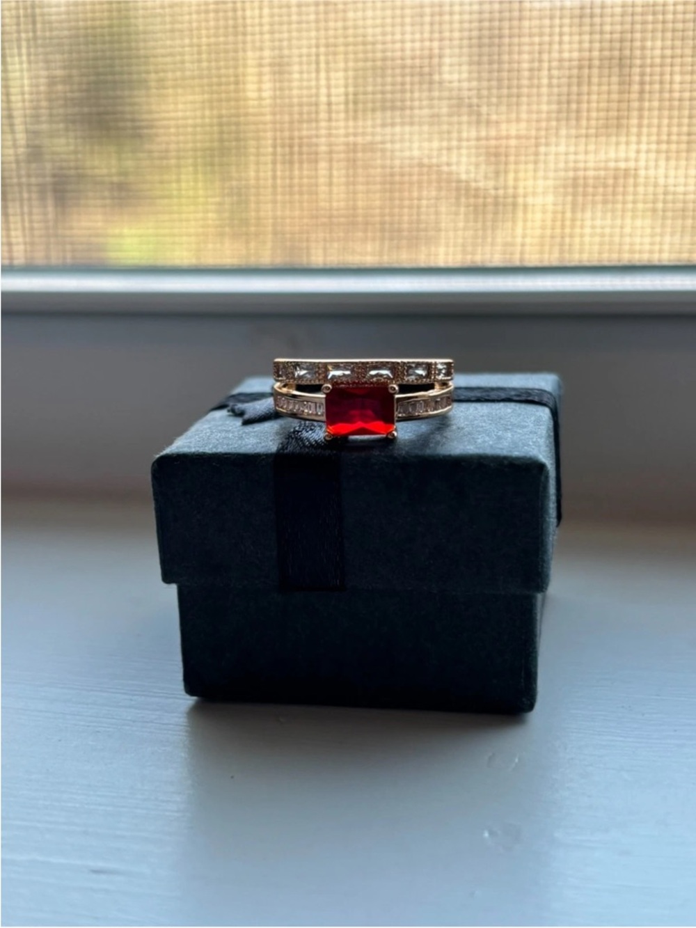 Gold Plated Ruby Red CZ Stacked Ring Size 6 Double Band Baguette & Pave - Picture 4 of 9